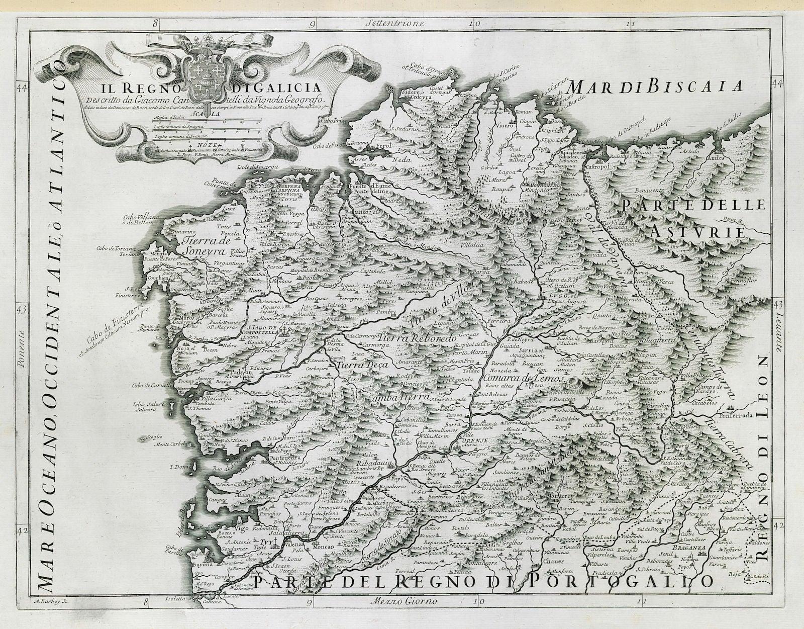 Il Regno di Galicia. Kingdom of Galicia. NW Spain. DE ROSSI / CANTELLI 1696 map